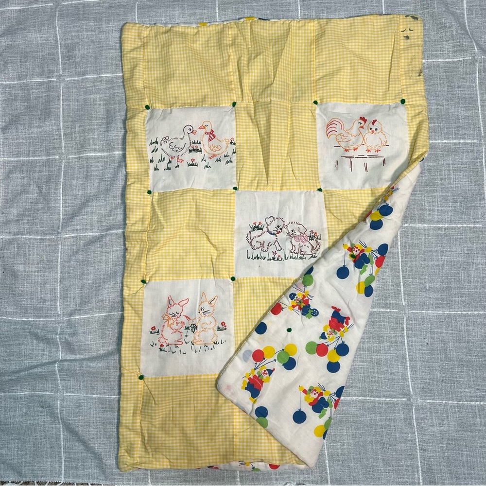 Vintage Baby‎ Blanket Farm Animals Clowns Quilt 80s 90s Baby Quilt